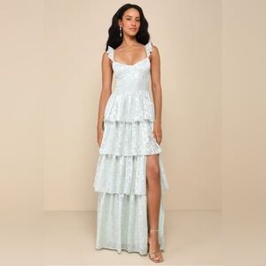 Stunning Glory Sage Green Floral Jacquard Tiered Maxi Dress